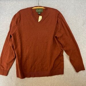 NEW! Eddie Bauer XL Cotton Cashmere Sweater Dark Orange Long Sleeve V Neck